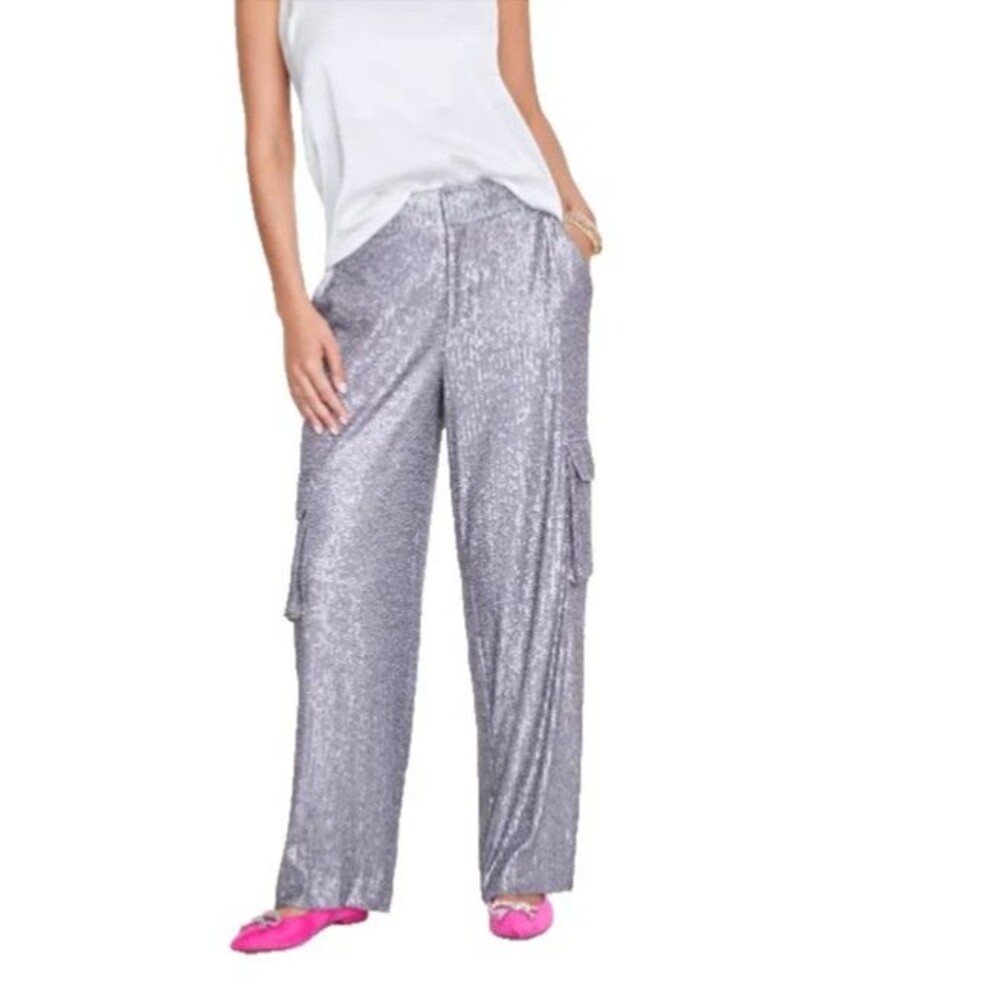 On 34th Women's High Rise Sequin Wide Leg Cargo Pants Silver Metallic Gray  4